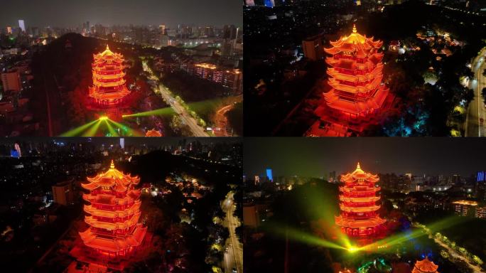 武汉黄鹤楼夜晚夜景航拍湖北武昌区地标建筑