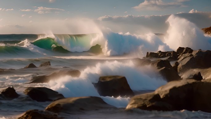 【超级慢镜头】气势海浪 翻腾 拍打礁石