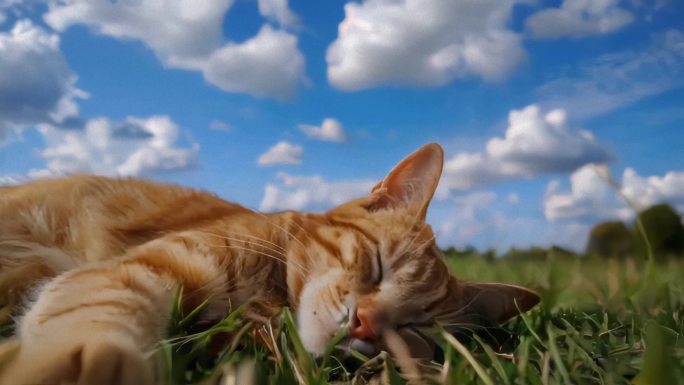 猫睡觉猫咪草坪蓝天治愈