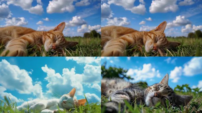 猫睡觉猫咪草坪蓝天治愈