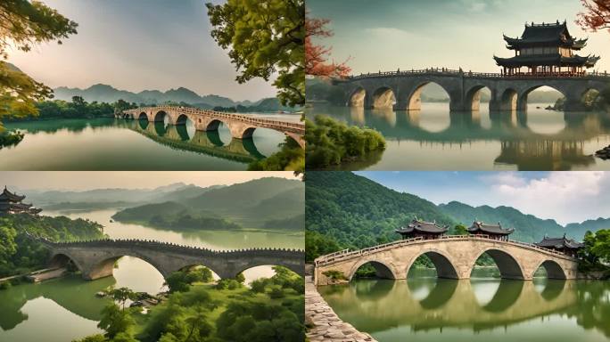 古代桥梁建筑水中倒影视频素材