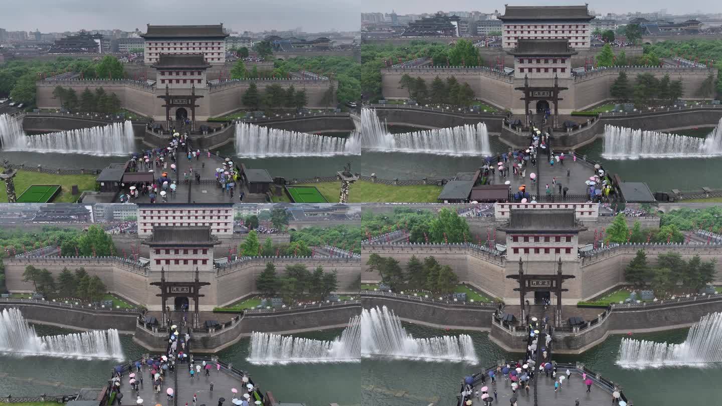 航拍西安城墙地标永宁门吊桥广场喷泉表演