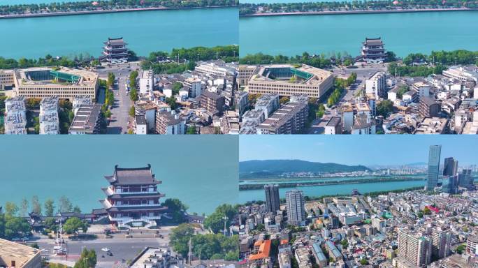 湖南长沙湘江杜甫江阁茶馆航拍城市地标风景