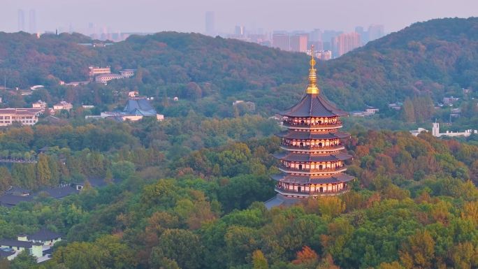 唯美杭州西湖雷峰塔景区大自然风光群山航拍