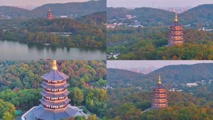 唯美杭州西湖雷峰塔景区大自然风光群山航拍