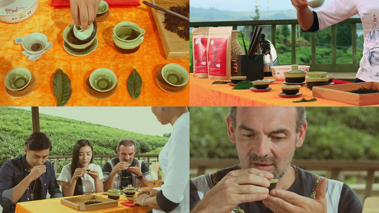 山顶户外茶艺师给游客泡茶 外国友人 品茶