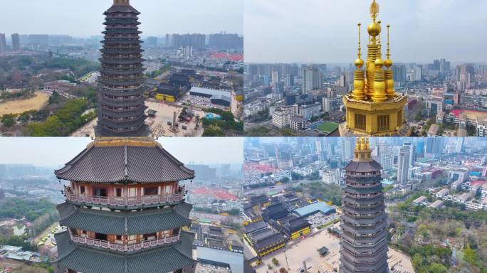 江苏常州天宁禅寺古塔红梅公园航拍天宁区城