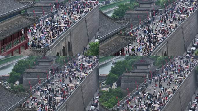 航拍西安城墙旅游假期旺季人山人海客流爆满