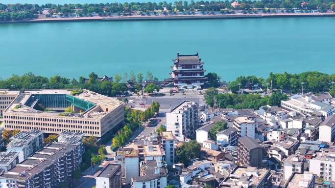 湖南长沙湘江杜甫江阁茶馆航拍城市地标风景