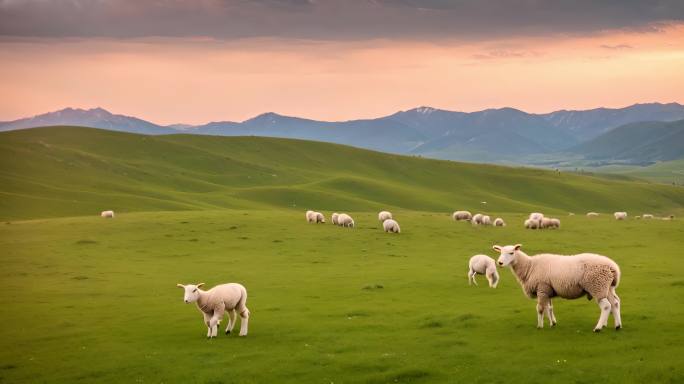 草原上吃草的绵羊羊群