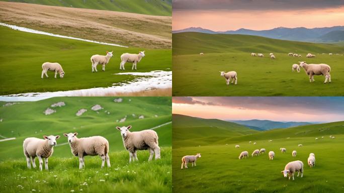 草原上吃草的绵羊羊群