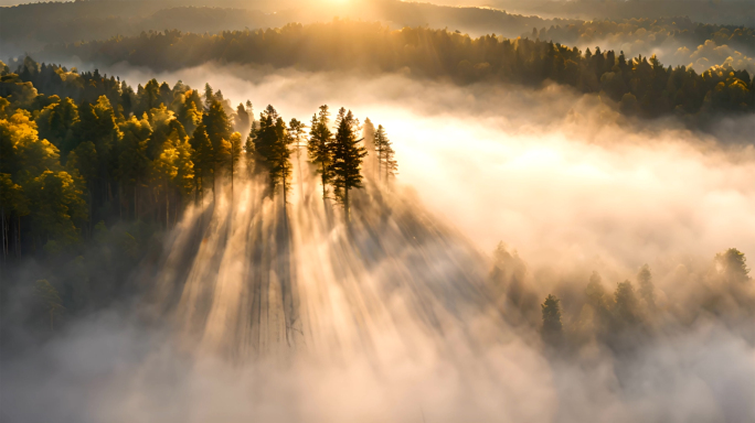 森林雾气大山清晨森林瀑布大山航拍达尔光线