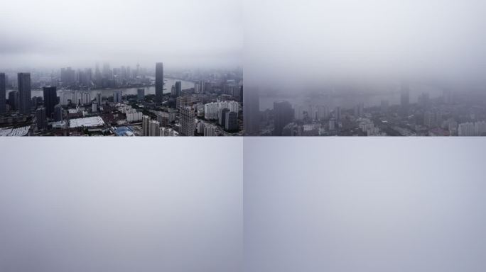 上海陆家嘴地标穿云大雾航拍长镜头