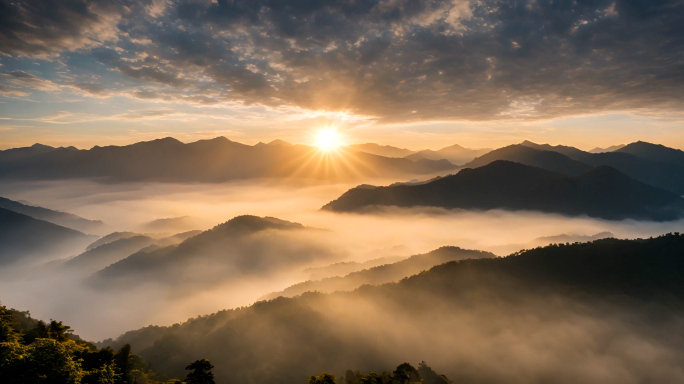 秦岭山水森林树林日出日落