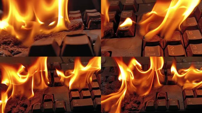 电脑燃烧特写加热温度塑料燃烧键盘燃烧着火