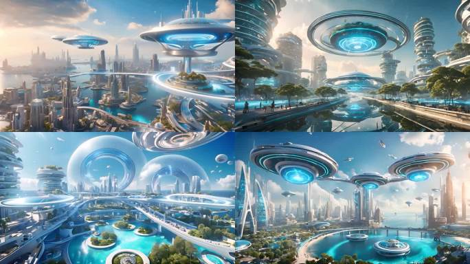未来科幻城市UFO水城视频素材