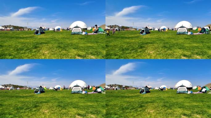 延时 人们在露营基地搭建帐篷出行游玩