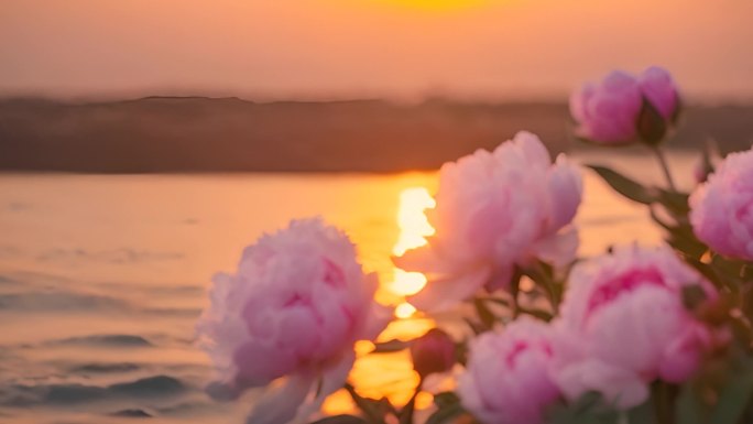 夕阳下盛开的牡丹花