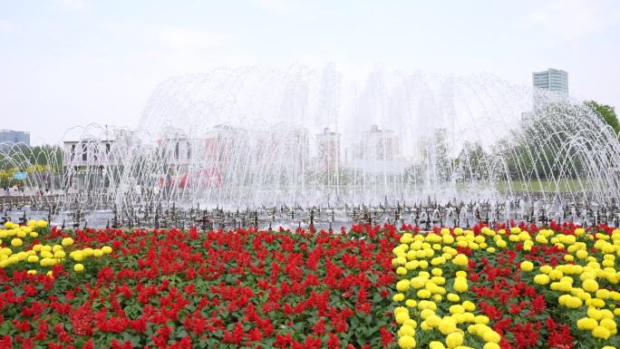 喷泉节日庆祝花卉广场鲜花五一十一