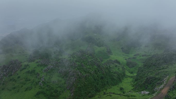 云雾缭绕的喀斯特地貌石林
