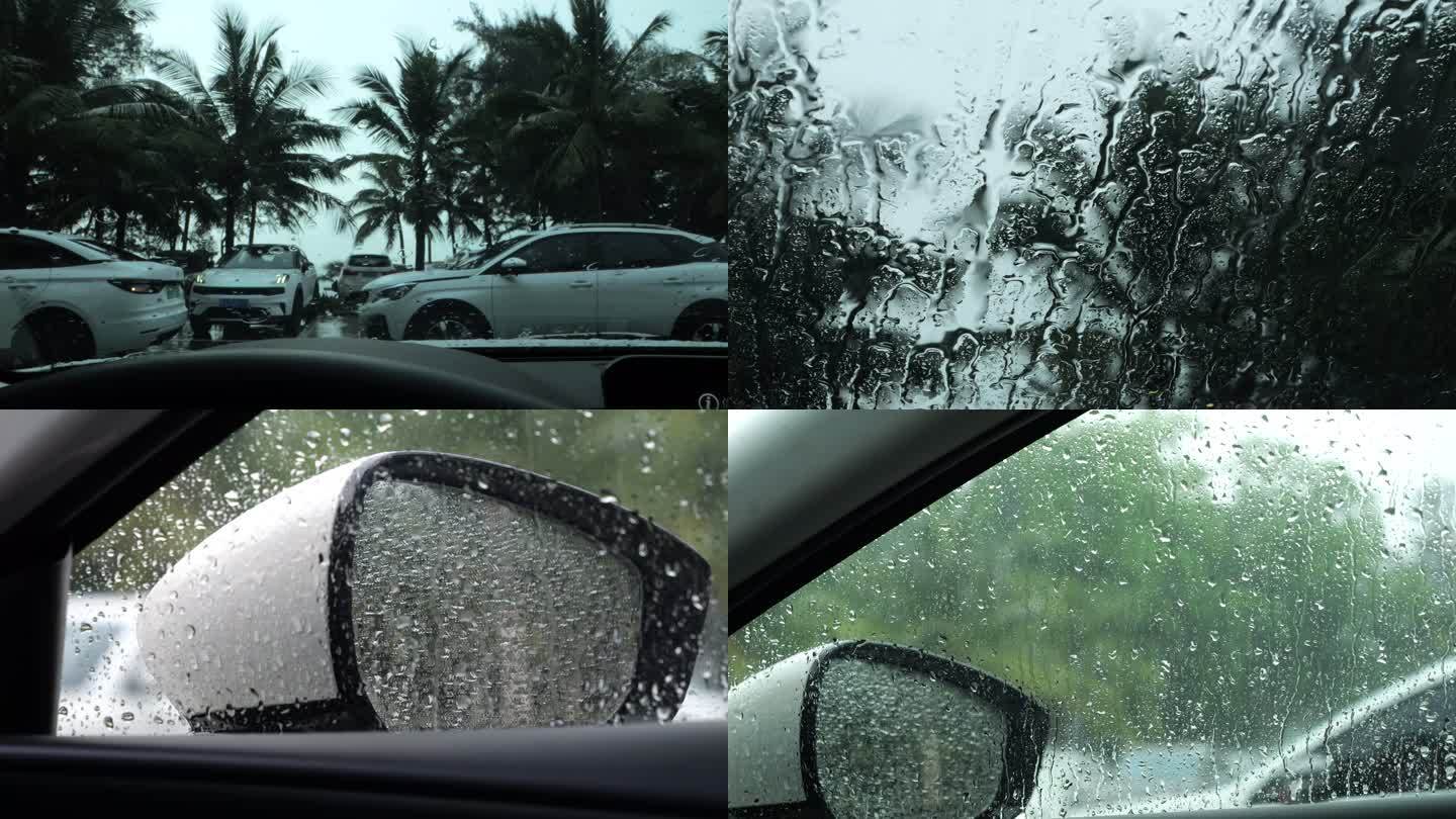 大雨车窗外的雨水流过