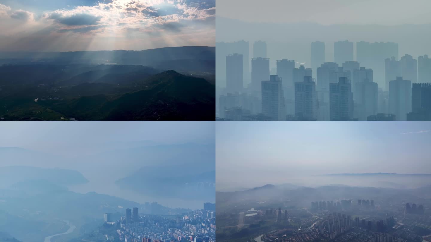 现代城市水墨晨雾、雾霾大雾、城市空气污染