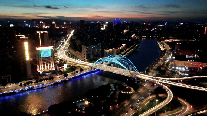 航拍江门市江门水道沿岸的夜景