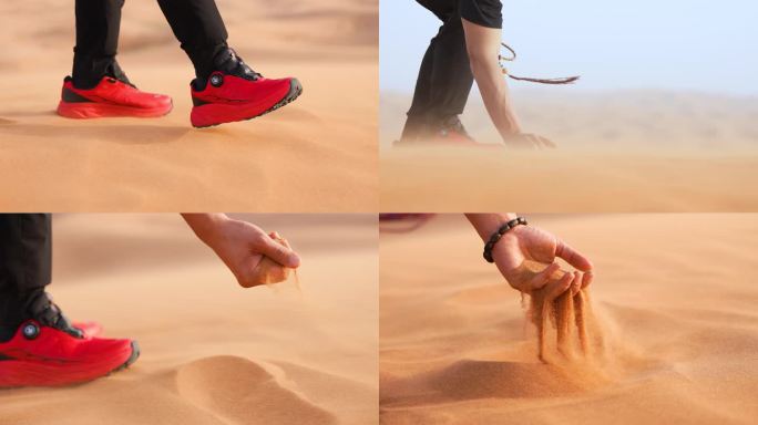 男人沙漠行走 手抓起沙子