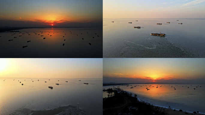 宿迁骆马湖冬季日落冰封渔船