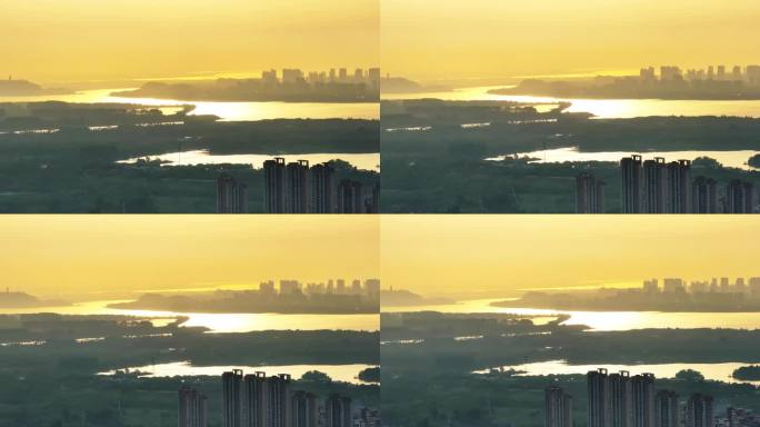 航拍镇江苏宁群楼日出晨雾长江晨光水光影