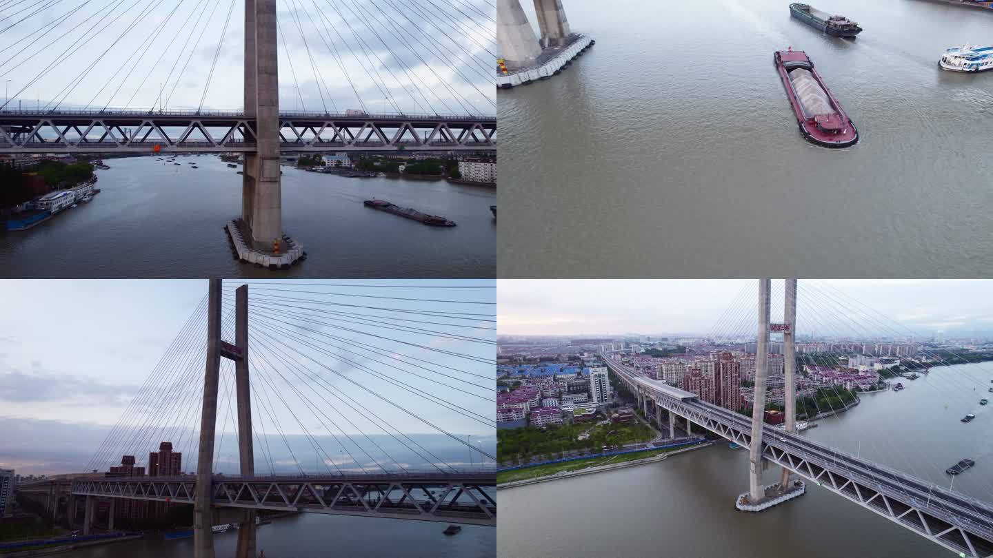 上海闵浦二桥交通日落大气航拍长镜头