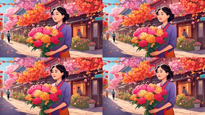 卡通动画鲜花从中的妈妈