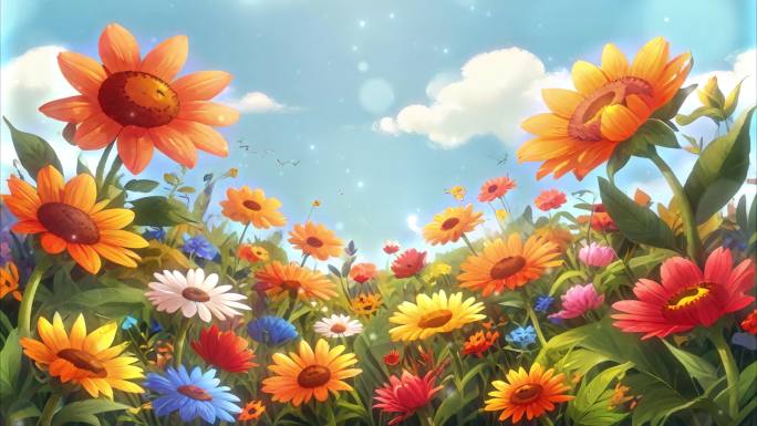 4K唯美梦幻卡通油画手绘花丛花海鲜花背景