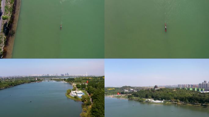 皮划艇4K俯视航拍 正定滹沱河大桥