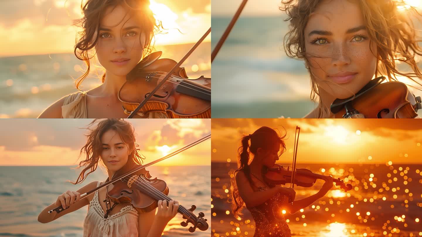 小提琴 海风 沙滩 海浪 音乐会 日落