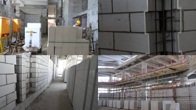 建筑工地：砌块搬运堆放和施工完成的砌体