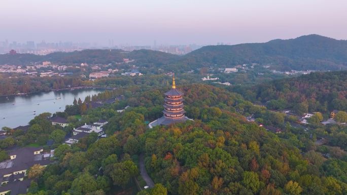 唯美杭州西湖雷峰塔景区大自然风光航拍杭州