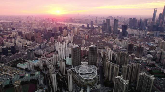 上海太阳宫商业中心地标清晨日出航拍长镜头