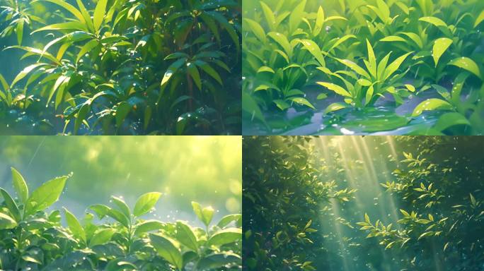 雨中绿洲：动漫风格的绿色植物雨天影像
