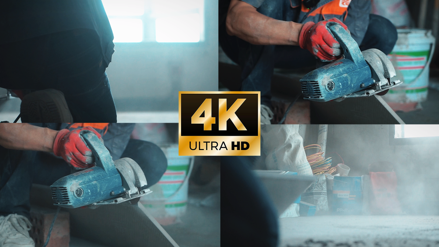【4K原创】装修工地工人用角磨机切割瓷砖
