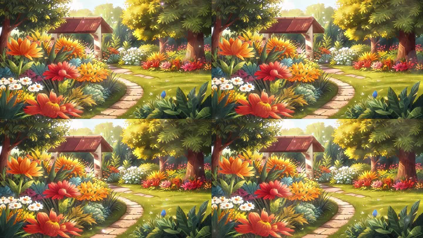 4K唯美梦幻卡通手绘动漫花园花丛鲜花背景