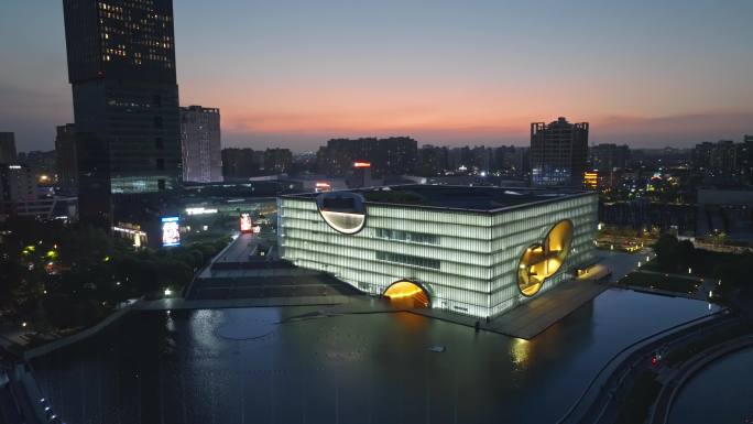 上海保利大剧院夜景夜晚嘉定新城航拍