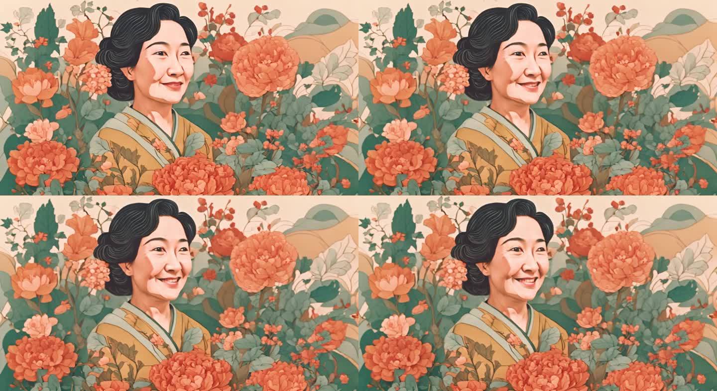 卡通动画鲜花从中的妈妈