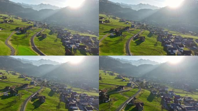 4K正版-航拍阳光下的瑞士龙疆小镇01