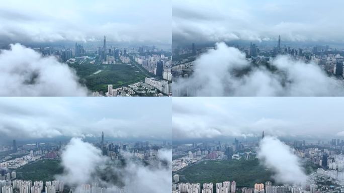 航拍深圳城市低空云海景观