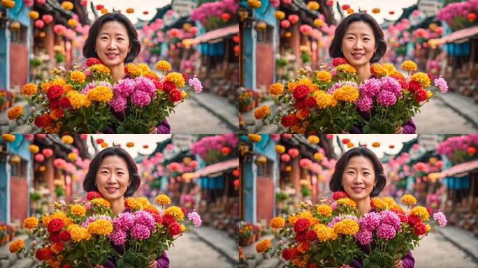 女人收到鲜花开心大笑母亲节