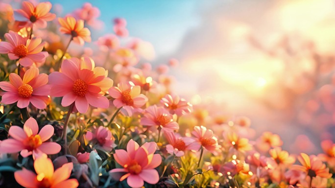 阳光花田温暖光辉生机勃勃橙色粉色花朵绽放