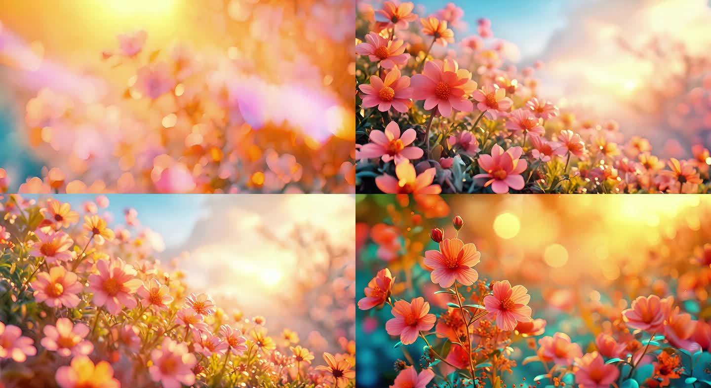 阳光花田温暖光辉生机勃勃橙色粉色花朵绽放