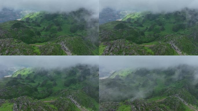云雾缭绕的喀斯特地貌石林石芽