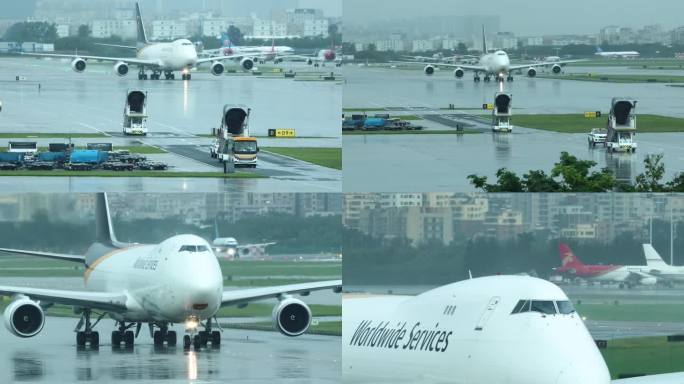 雨天UPS波音747货机在机场滑行